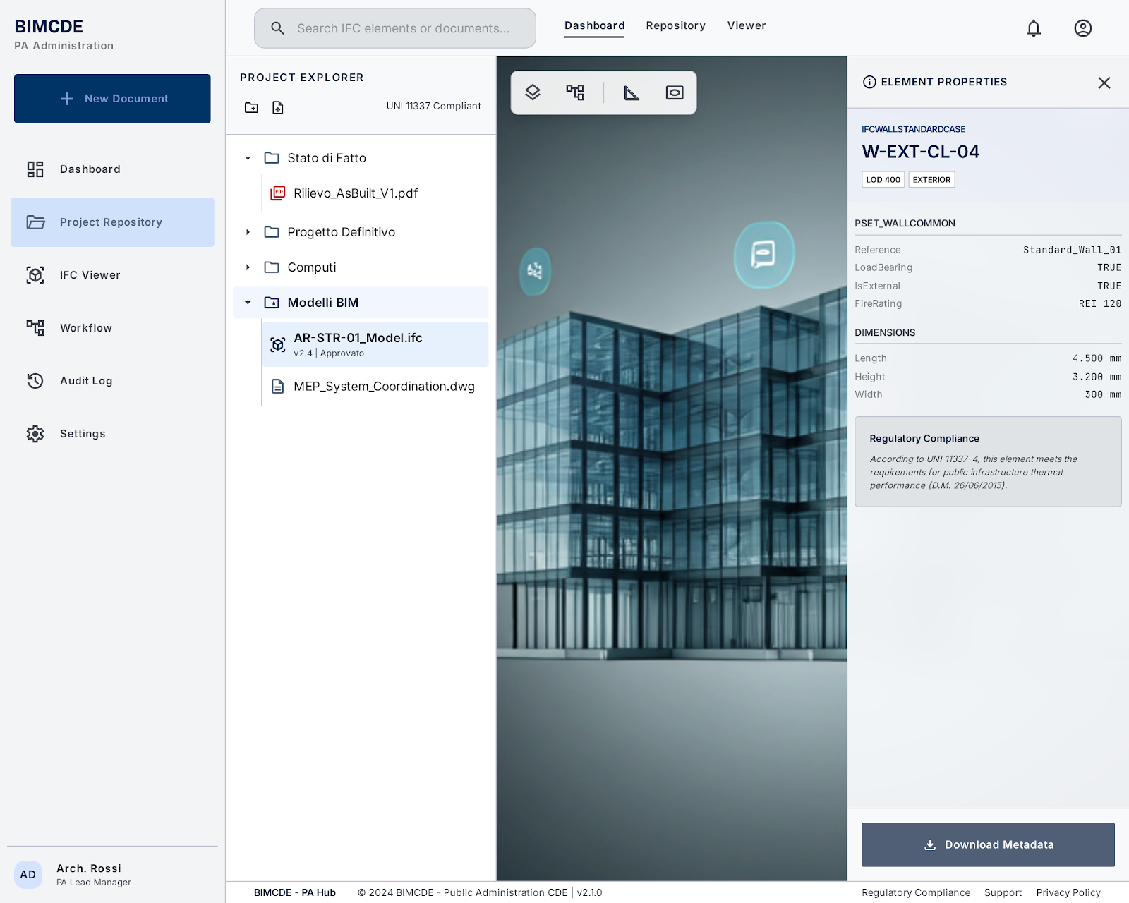 Interfaccia BIMCDE con repository di progetto, modelli IFC e pannello proprietà